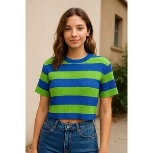 MNG Womens Sweater Ribbed Striped Short Sleeve  Pullover Green Blue Size Medium